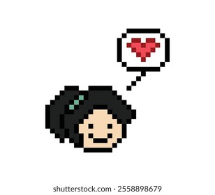 Cute pixel cartoon 8bit character woman lady feel love happy happiness heart emotion lifestyle decoration life style 8 bit female girl fun happy like favorite mood game isolated vector.