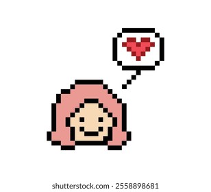 Cute pixel cartoon 8bit character woman lady feel love happy happiness heart emotion lifestyle decoration life style 8 bit female girl fun happy like favorite mood game isolated vector.