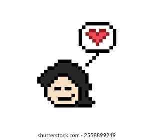 Cute pixel cartoon 8bit character man feel love happy happiness heart emotion lifestyle decoration life style 8 bit male boy happy favorite like mood game isolated vector.