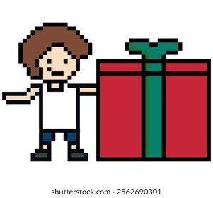 Cute pixel cartoon 8bit character man give gift box birthday christmas bonus reward surprise decoration 8 bit male boy give gift box shopping bonus christmas day game 8 bit vector.