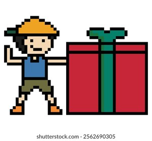 Cute pixel cartoon 8bit character man give gift box birthday christmas bonus reward surprise decoration 8 bit male boy give gift box shopping bonus christmas day game 8 bit vector.