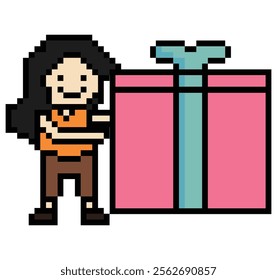 Cute pixel cartoon 8bit character woman give gift box birthday christmas bonus reward surprise decoration 8 bit female girl give gift box shopping bonus christmas day game 8 bit vector.