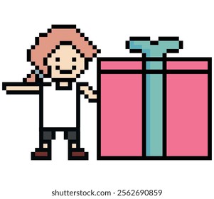 Cute pixel cartoon 8bit character woman give gift box birthday christmas bonus reward surprise decoration 8 bit female girl give gift box shopping bonus christmas day game 8 bit vector.