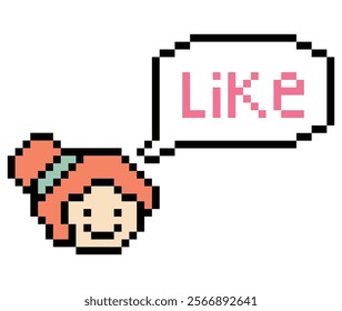 Cute pixel cartoon 8bit character woman lady feel love happy happiness like emotion lifestyle decoration life style 8 bit female girl fun happy like favorite mood game isolated 8bit vector.