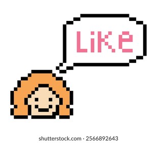 Cute pixel cartoon 8bit character woman lady feel love happy happiness like emotion lifestyle decoration life style 8 bit female girl fun happy like favorite mood game isolated 8bit vector.