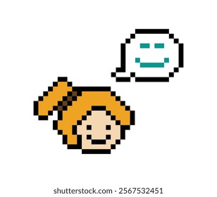 Cute pixel cartoon 8bit character woman lady feel love happy happiness like emotion lifestyle decoration life style 8 bit female girl fun happy like favorite mood game isolated 8bit vector.