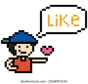 Cute pixel cartoon 8bit character man feel love happy happiness emotion lifestyle decoration life style 8 bit male boy happy favorite like mood game 8bit isolated vector.