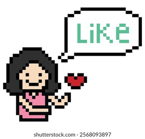 Cute pixel cartoon 8bit character woman lady feel love happy happiness like emotion lifestyle decoration life style 8 bit female girl fun happy like favorite mood game isolated 8bit vector.