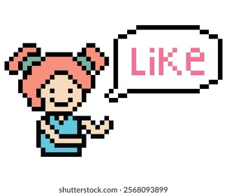 Cute pixel cartoon 8bit character woman lady feel love happy happiness like emotion lifestyle decoration life style 8 bit female girl fun happy like favorite mood game isolated 8bit vector.