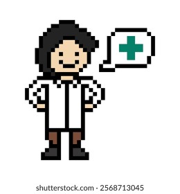 Cute pixel cartoon 8bit character man doctor or scientist game care for decoration pharmacist male doctor uniform in hospital 8 bit male pixel art 8bit vector.