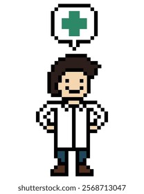 Cute pixel cartoon 8bit character man doctor or scientist game care for decoration pharmacist male doctor uniform in hospital 8 bit male pixel art 8bit vector.