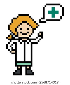 Cute pixel cartoon 8bit character woman doctor or scientist game care for decoration pharmacist female doctor lady uniform in hospital 8 bit pixel art 8bit vector.