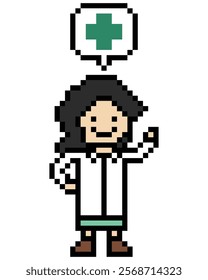 Cute pixel cartoon 8bit character woman doctor or scientist game care for decoration pharmacist female doctor lady uniform in hospital 8 bit pixel art 8bit vector.