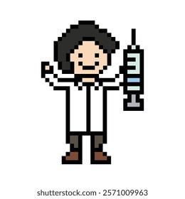 Cute pixel cartoon 8bit character man doctor or scientist game care for decoration pharmacist male doctor uniform in hospital 8 bit male pixel art game 8bit vector.