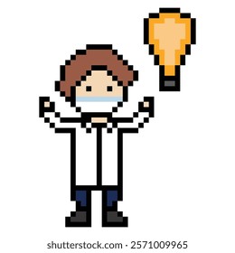 Cute pixel cartoon 8bit character man doctor or scientist game care for decoration pharmacist male doctor uniform in hospital 8 bit male pixel art game 8bit vector.