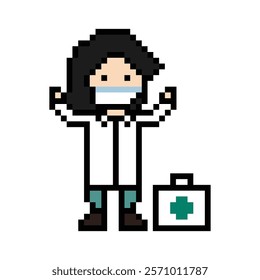 Cute pixel cartoon 8bit character woman doctor or scientist game care for decoration pharmacist female doctor lady uniform in hospital 8 bit pixel art game 8bit vector.