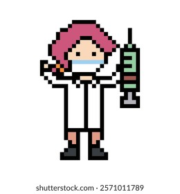 Cute pixel cartoon 8bit character woman doctor or scientist game care for decoration pharmacist female doctor lady uniform in hospital 8 bit pixel art game 8bit vector.