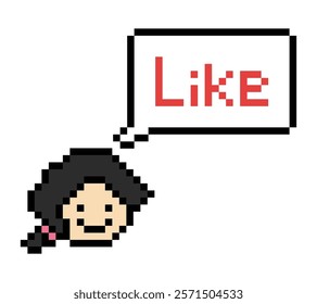 Cute pixel cartoon 8bit character woman lady feel love happy happiness like emotion lifestyle decoration life style 8 bit female girl fun happy like favorite mood game isolated 8bit vector.