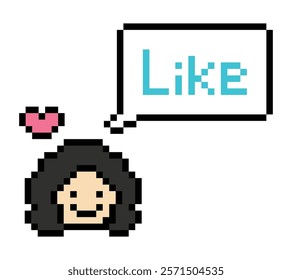 Cute pixel cartoon 8bit character woman lady feel love happy happiness like emotion lifestyle decoration life style 8 bit female girl fun happy like favorite mood game isolated 8bit vector.