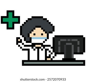 Cute pixel cartoon 8bit character man doctor or scientist game care for decoration pharmacist male doctor uniform in hospital 8 bit male pixel art game 8bit vector.