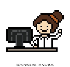 Cute pixel cartoon 8bit character woman doctor or scientist game care for decoration pharmacist female doctor lady uniform in hospital 8 bit pixel art game 8bit vector.