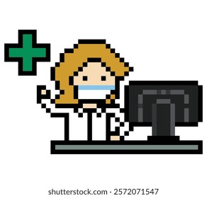 Cute pixel cartoon 8bit character woman doctor or scientist game care for decoration pharmacist female doctor lady uniform in hospital 8 bit pixel art game 8bit vector.