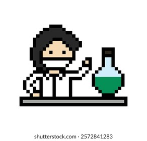 Cute pixel cartoon 8bit character man doctor or scientist game care for decoration pharmacist male doctor uniform in hospital 8 bit male pixel art game 8bit vector.