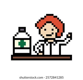 Cute pixel cartoon 8bit character man doctor or scientist game care for decoration pharmacist male doctor uniform in hospital 8 bit male pixel art game 8bit vector.