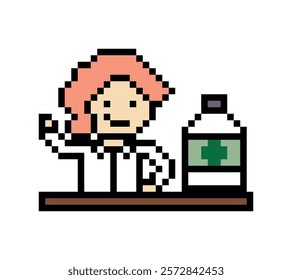 Cute pixel cartoon 8bit character woman doctor scientist game care for decoration medicine pharmacist female doctor lady uniform hospital 8 bit pixel art game 8bit vector.