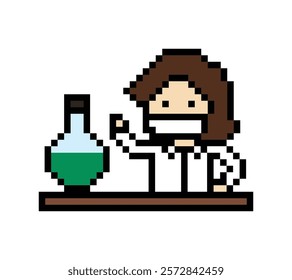 Cute pixel cartoon 8bit character woman doctor scientist game care for decoration medicine pharmacist female doctor lady uniform hospital 8 bit pixel art game 8bit vector.