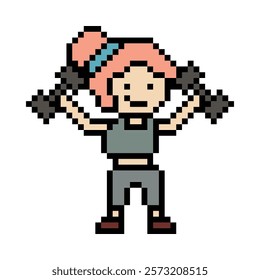 Cute pixel cartoon 8bit character woman weight training with dumbbell lifestyle lifting gym decoration life style 8 bit female lady girl weight fitness isolated game 8bit vector.