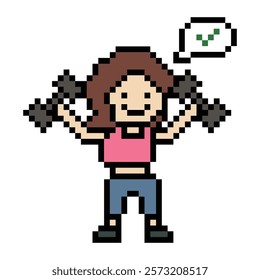 Cute pixel cartoon 8bit character woman weight training with dumbbell lifestyle lifting gym decoration life style 8 bit female lady girl weight fitness isolated game 8bit vector.