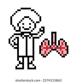 Cute pixel cartoon 8bit character man doctor lung scientist game care for decoration pharmacist male doctor uniform lungs hospital 8 bit male pixel art game 8bit vector.