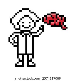 Cute pixel cartoon 8bit character man doctor brain pate scientist game care for decoration pharmacist male doctor uniform brain hospital 8 bit male pixel art game 8bit vector.