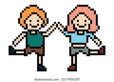 Cute pixel cartoon 8bit character couple together feel love happy heart soulmate relationship decoration 8 bit couple in love valentine day game isolated vector.