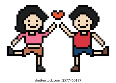 Cute pixel cartoon 8bit character couple together feel love happy heart soulmate relationship decoration 8 bit couple in love valentine day game isolated vector.