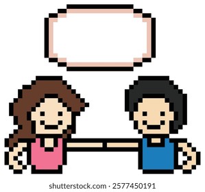 Cute pixel cartoon 8bit character couple together feel love happy heart soulmate relationship decoration 8 bit couple in love valentine day game isolated vector.