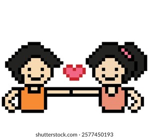 Cute pixel cartoon 8bit character couple together feel love happy heart soulmate relationship decoration 8 bit couple in love valentine day game isolated vector.