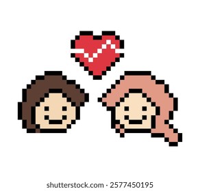 Cute pixel cartoon 8bit character couple together feel love happy heart soulmate relationship decoration 8 bit couple in love valentine day game isolated vector.