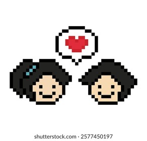 Cute pixel cartoon 8bit character couple together feel love happy heart soulmate relationship decoration 8 bit couple in love valentine day game isolated vector.