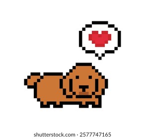 Cute pixel cartoon 8bit character dog pet pupey golden retriever decoration dog 8 bit hound puppy dog vector.