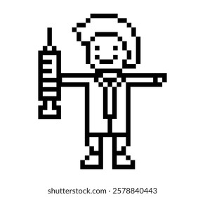 Cute pixel cartoon 8bit character man doctor or scientist game care for decoration pharmacist male doctor uniform in hospital 8 bit male pixel art game 8bit vector.