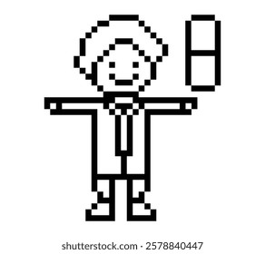 Cute pixel cartoon 8bit character man doctor or scientist game care for decoration pharmacist male doctor uniform in hospital 8 bit male pixel art game 8bit vector.