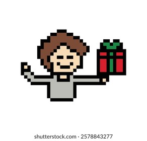 Cute pixel cartoon 8bit character man give gift box birthday christmas bonus reward surprise decoration 8 bit male boy give gift box shopping bonus christmas day game 8 bit vector.