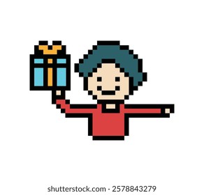 Cute pixel cartoon 8bit character man give gift box birthday christmas bonus reward surprise decoration 8 bit male boy give gift box shopping bonus christmas day game 8 bit vector.