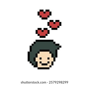 Cute pixel cartoon 8bit character man feel love happy happiness heart emotion decoration in love 8 bit male boy happy favorite like mood game isolated vector.