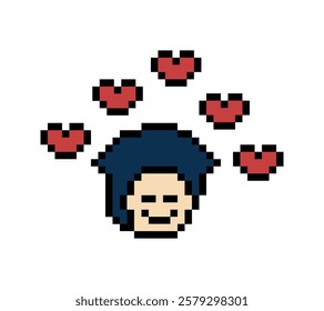 Cute pixel cartoon 8bit character man feel love happy happiness heart emotion decoration in love 8 bit male boy happy favorite like mood game isolated vector.