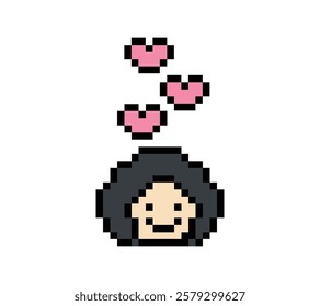 Cute pixel cartoon 8bit character woman lady feel love happy happiness heart emotion decoration in love 8 bit female girl happy favorite like mood game isolated vector.