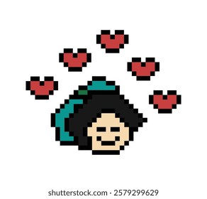 Cute pixel cartoon 8bit character woman lady feel love happy happiness heart emotion decoration in love 8 bit female girl happy favorite like mood game isolated vector.