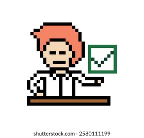 Cute pixel cartoon 8bit character man doctor or scientist game care decoration pharmacist male doctor scientist uniform lab hospital 8 bit male pixel art game vector.